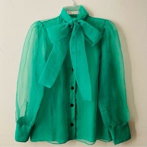 Zara Green Organza Bow Blouse